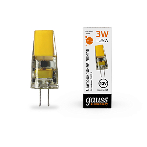 Лампа Gauss Elementary G4 12V 3W 210lm 3000K силикон LED 1/20/200