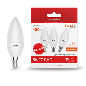 Лампа Gauss Elementary Свеча 6W 420lm 3000K E14 (3 лампы в упаковке) LED 1/40