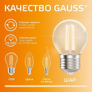 Лампа Gauss Filament Elementary Шар 8W 510lm 2700К Е27 LED 1/10/100