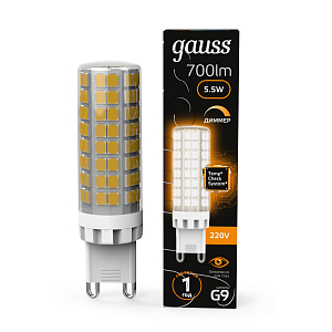 Лампа Gauss G9 AC185-265V 5,5W 700lm 3000K керамика диммируемая LED 1/10/200