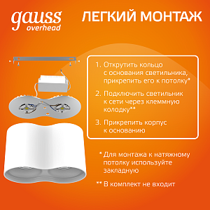 Светильник Gauss Overhead накладной двойной цилиндр 24W 1600lm 3000K 170-240V IP20 180*100мм белый LED 1/10
