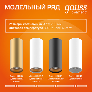 Светильник Gauss Overhead накл цил 12W 900lm 3000K 170-240V IP20 79*200мм черный LED 1/10
