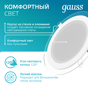 Светильник Gauss Glass круг 18W 1480lm 4000K 185-265V IP20 монт Ø170 200*36 с дек стеклом LED 1/20