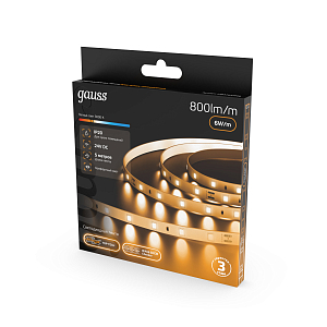 Лента Gauss LED 2835/60 24V 6W/m 800lm/m 3000K 8mm IP20 5m 1/100