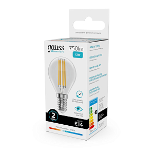 Лампа Gauss Filament Elementary Шар 12W 750lm 4100К Е14 LED 1/10/100