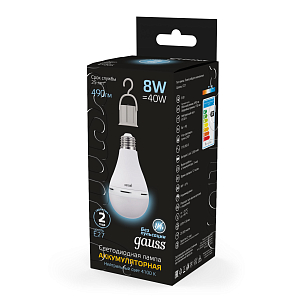 Лампа Gauss A60 8W 490lm 4100K E27 с Li-Ion аккумулятором LED 1/25