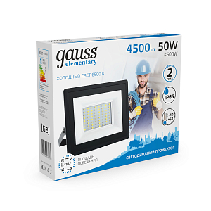 Прожектор Gauss Elementary 50W 4500lm 6500К IP65 черный LED 1/48