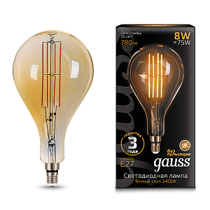 Лампа Gauss Filament А160 8W 780lm 2400К Е27 golden straight LED 1/6