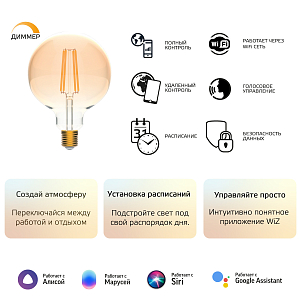 Лампа Gauss Smart Home Filament G95 6,5W 720lm 2000-5500К E27 изм.цвет.темпр.+диммирование LED 1/40