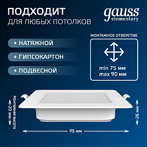 Светильник Gauss Elementary Downlight квадрат 5,5W 460lm 4000K 170-260V IP20 95*26 белый LED 1/100