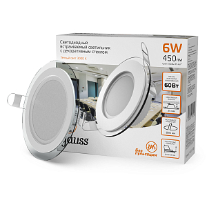 Светильник Gauss Glass круг 6W 450lm 3000K 185-265V IP20 монт Ø80 100*36 с дек стеклом LED 1/10/40