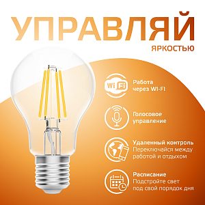 Лампа Gauss Smart Home Filament А60 7W 806lm 2700К E27 диммируемая LED 1/10/40