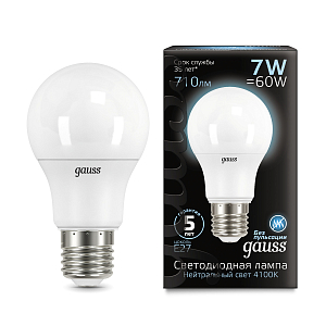 Лампа Gauss A60 7W 710lm 4100K E27 LED 1/10/50
