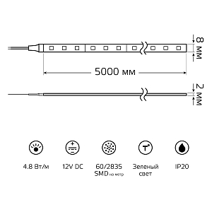 Лента Gauss LED 2835/60-SMD 4.8W 12V DC зеленый (блистер 5м)