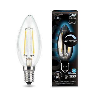 Лампа Gauss Filament Свеча 5W 450lm 4100К Е14 диммируемая LED 1/10/50