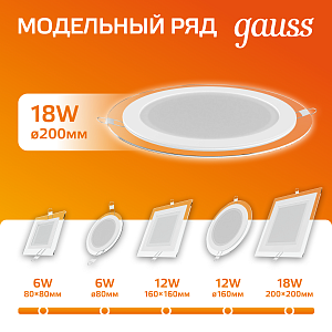 Светильник Gauss Glass круг 18W 1390lm 3000K 185-265V IP20 монт Ø170 200*36 с дек стеклом LED 1/20