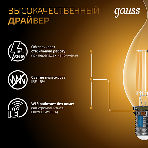 Лампа Gauss Filament Свеча на ветру 9W 680lm 2700К Е14 LED 1/10/50