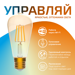 Лампа Gauss Smart Home Filament ST64 6,5W 720lm 2000-5500К E27 изм.цвет.темпр.+дим. LED 1/10/40