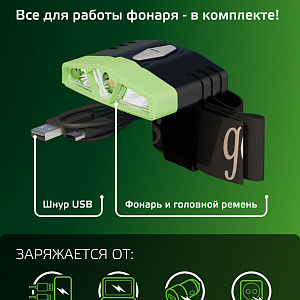Фонарь налобный Gauss модель GFL406 5W 180lm Li-ion 500mAh LED 1/12/72