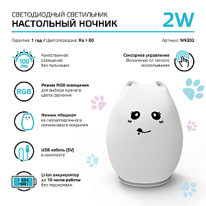 Настольный светодиодный детский ночник Gauss NN303 2W RGB,  Li-ion, USB кабель , кошка 1/10/40