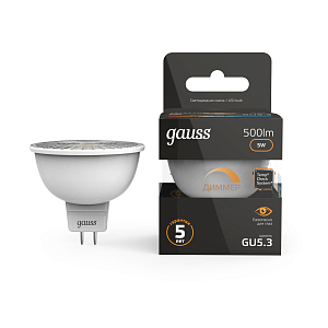 Лампа Gauss MR16 5W 500lm 3000K GU5.3 диммируемая LED 1/10/100