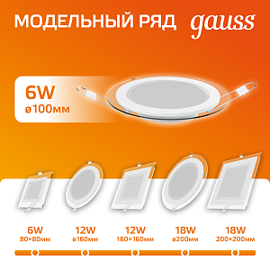 Светильник Gauss Glass круг 6W 450lm 3000K 185-265V IP20 монт Ø80 100*36 с дек стеклом LED 1/10/40