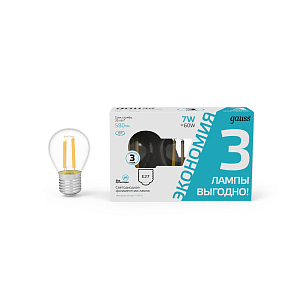 Лампа Gauss Filament Шар 7W 580lm 4100К Е27 LED (3 лампы в упаковке) 1/20