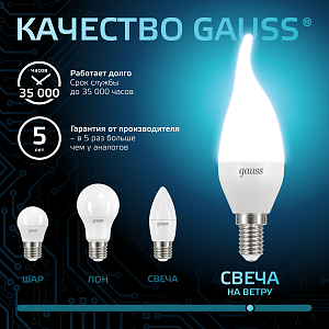 Лампа Gauss Свеча на ветру 9.5W 950lm 4100K E14 LED 1/10/50