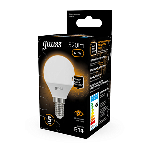 Лампа Gauss Шар 6.5W 520lm 3000K E14 LED 1/10/100