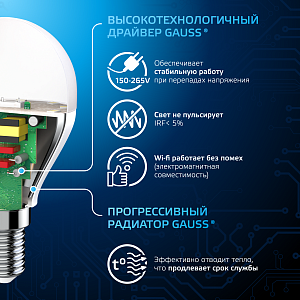 Лампа Gauss Шар 6.5W 550lm 6500K E14 LED 1/10/100