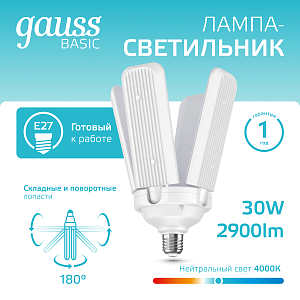 Лампа Gauss Basic 30W 2900lm 4000K E27 Клевер-4 LED 1/20