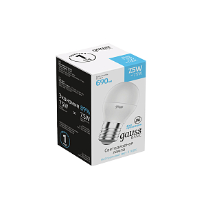 Лампа Gauss Basic Шар 7,5W 690lm 4100K E27 LED 1/10/100