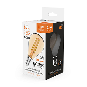 Лампа Gauss Basic Filament Шар 3,8W 350lm 2400К Е14 golden LED 1/10/50