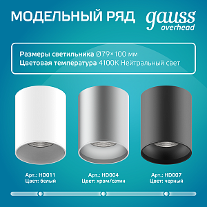 Светильник Gauss Overhead накл цил 12W 920lm 4100K 170-240V IP20 79*100мм белый LED 1/30