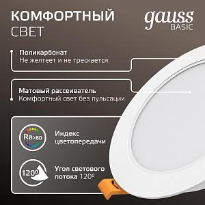 Светильник Gauss Basic Downlight круг 4,5W 300lm 4000K 170-260V IP20 95*26 белый LED