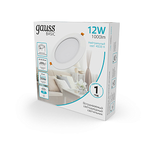 Светильник Gauss Basic Downlight круг 12W 1000m 4000K 170-260V IP20 145*26 белый LED 1/60