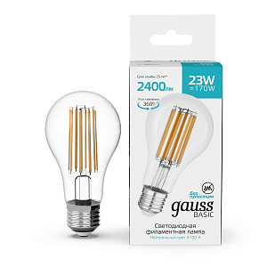 Лампа Gauss Basic Filament А70 23W 2400lm 4100К Е27 LED 1/10/40