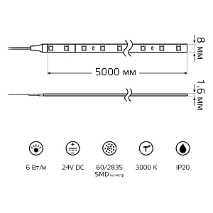 Лента Gauss LED 2835/60 24V 6W/m 800lm/m 3000K 8mm IP20 5m 1/100