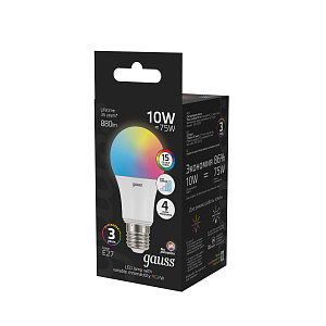 Лампа Gauss A60 10W E27 RGBW+димирование LED 1/50