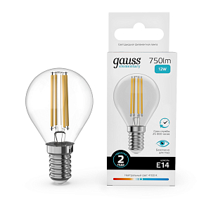 Лампа Gauss Filament Elementary Шар 12W 750lm 4100К Е14 LED 1/10/100