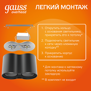 Светильник Gauss Overhead накл дв цил 24W 1600lm 3000K 170-240V IP20 180*100мм черный LED 1/5