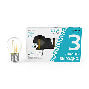 Лампа Gauss Basic Filament Шар 5,5W 530lm 4100К Е27 LED (3 лампы в упаковке) 1/20