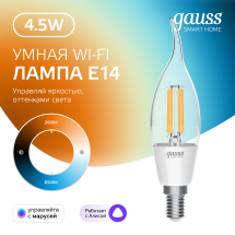Лампа Gauss Smart Home Filament СF35 4,5W 495lm 2000-6500К E14 изм.цвет.темп.+дим. LED 1/10/40 Лампа Gauss Smart Home Filament СF35 4,5W 495lm 2000-6500К E14 изм.цвет.темп.+дим. LED 1/10/40