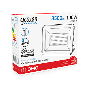 Прожектор светодиодный Gauss Elementary 100W 8500lm IP65 6500К ПРОМО G2 черный 1/16