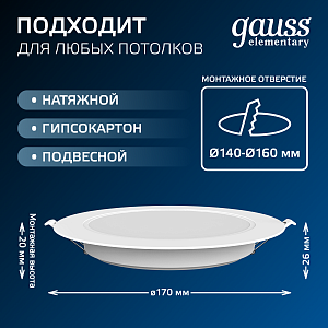 Светильник Gauss Elementary Downlight круг 20W 1700lm 4000K 170-260V IP20 170*26 белый LED 1/60