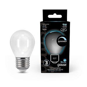 Лампа Gauss Filament Шар 9W 610lm 4100К Е27 milky диммируемая LED 1/10/50