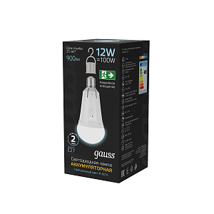 Лампа Gauss A80 12W 900lm 4100K Е27 авар. с Li-Ion аккумулятором LED 1/5/50