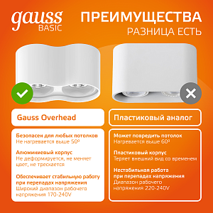Светильник Gauss Overhead накладной двойной цилиндр 24W 1600lm 3000K 170-240V IP20 180*100мм белый LED 1/10