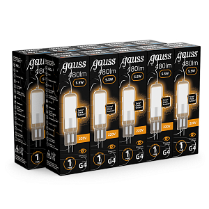 Лампа Gauss G4 AC220-240V 5.5W 480lm 3000K стекло LED 1/10/200