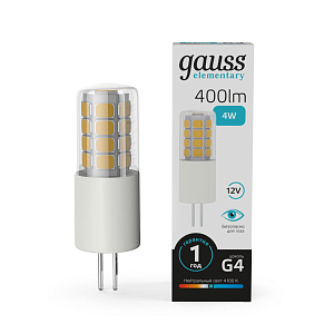 Лампа Gauss Elementary G4 12V 4W 400lm 4100K керамика LED 1/10/200